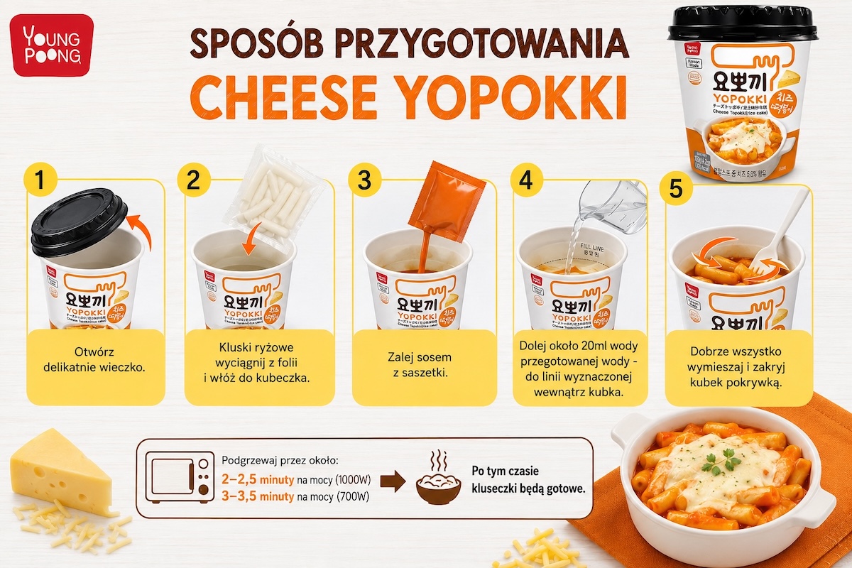 Przygotowanie: Koreańskie Kluski Ryżowe Topokki w Sosie Serowym CHEESE YOPOKKI 120g YOUNG POONG